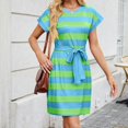 thumbnail image 2 of Ashirexll Summer Dresses for Women Midi Dresses Women Casual V-Neck Short Sleeve Bandage Stripe Printed Loose Sling Dress, 2 of 7