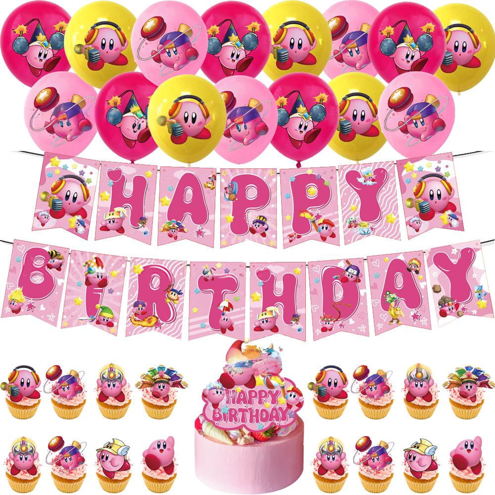 Kit Décoration Anniversaire Kirby - Assiettes, Ballons, Bannière 5x3ft - Neuf - Multicolore