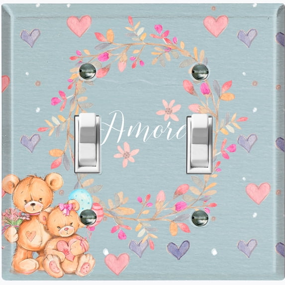 Metal Light Switch Wall Plate Outlet Cover (2 Teddy Bears With Love Heart Flower Balloon Flower Wreath - Double Toggle)