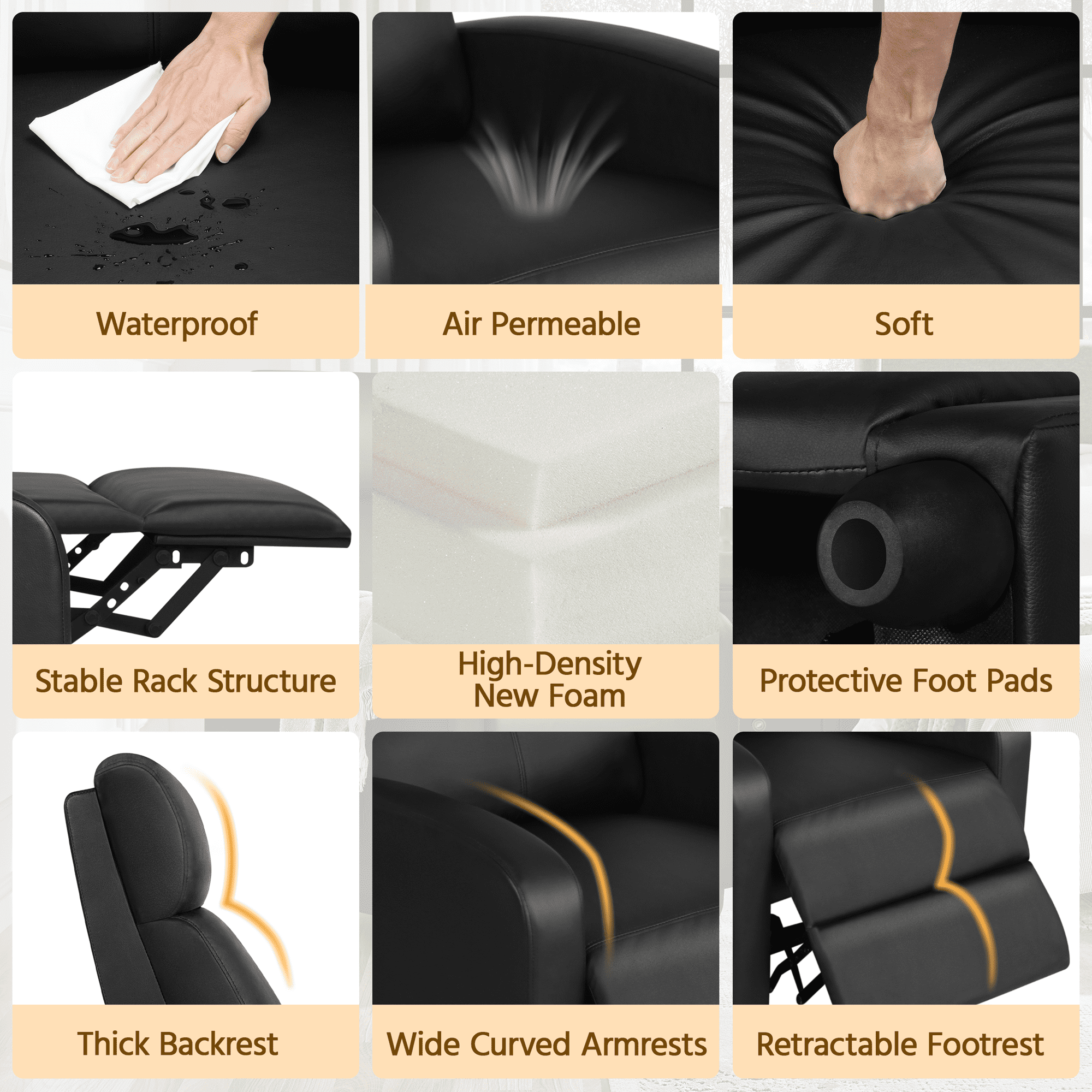 Yaheetech Adjustable PU Leather Recliner Chair with Pocket Spring, Black