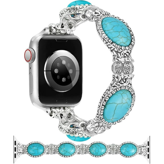 Boho Beaded Bracelet Compatible with Apple Watch Women 38/40/41/42/44/45/46/49mm Bohemian Elastic Stretchy Turquoise Classic Handmade Straps for iWatch Series 10 9 8 7 6 5 4 3 2 1 SE Ultra