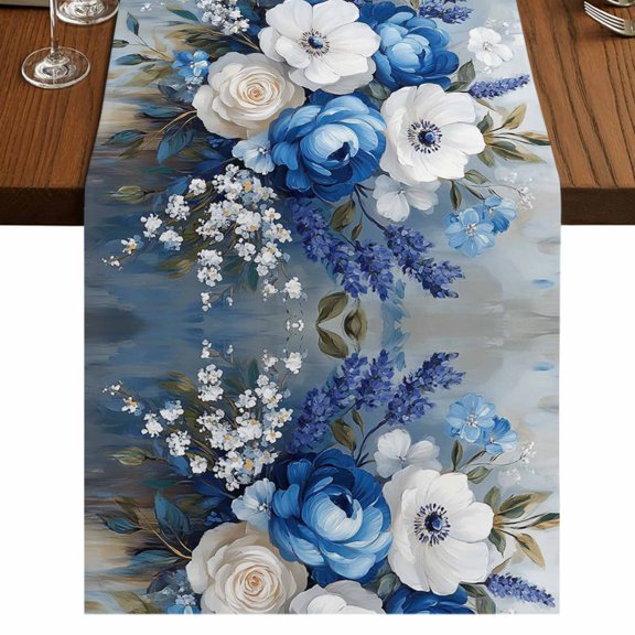 White Blue Spring Floral 108 Inch Table Runner, Vintage Flowers Pastoral Farmhouse Dresser Scarf Cotton & Linen Tablerunner for Dining/Kitchen Island/Holiday Party Décor 13" x 108"