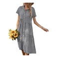 thumbnail image 3 of Franhais Women Casual Lapel Plaid Midi Dress Short Sleeve Gingham V Neck Button Down A-line Swing Loose Shirt Dress, 3 of 9