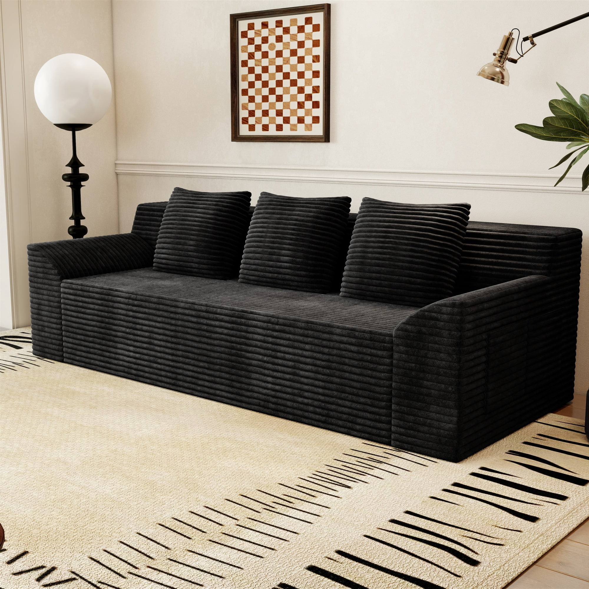 HOQBN 71" Boneless Sofa for Living Room,3 Seater Deep Seat Couch with 3 Pillows,Comfy Corduroy Cloud Couch with Curved Armrests for Bedroom, Office, Apartment, No Assembly,Antique Black