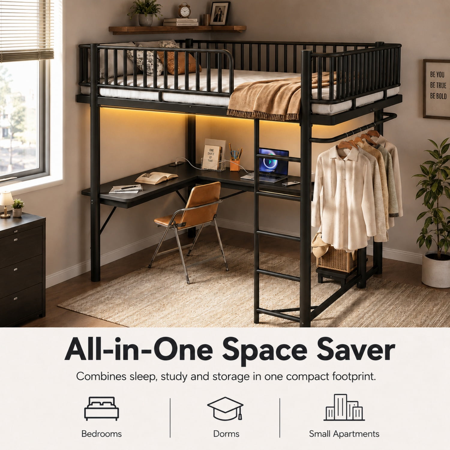 Miniyam Full Metal Loft Bed with L-Shaped Desk, LED Light Strip, Charging Station and PC Tower Tray, Black