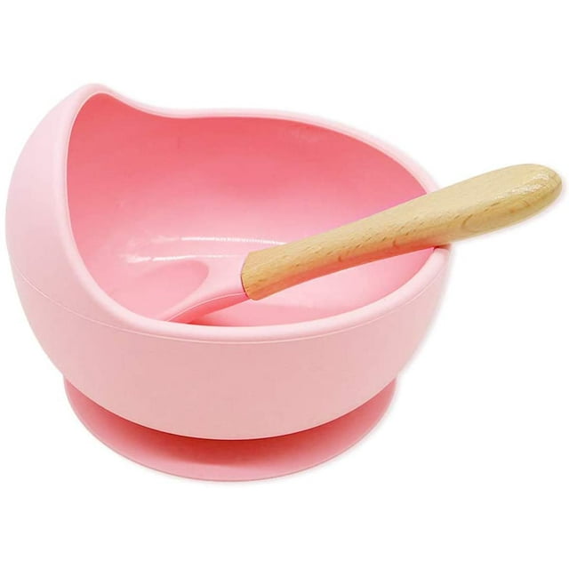 1set Silicone Baby Feeding Bowl Set Baby Learning Dishes Suction Bowl Set Wood Spoon Non-Slip Pink