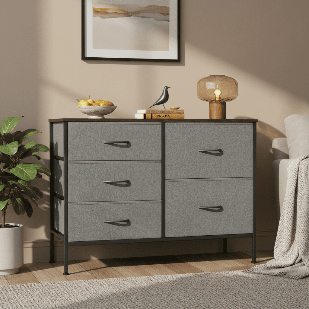 LIFERECORD 5 Drawer Fabric Dresser for Bedroom and Living Room, Chest of Drawer Organizer Storage Cabinet for Closet, Entryway, Dark Grey