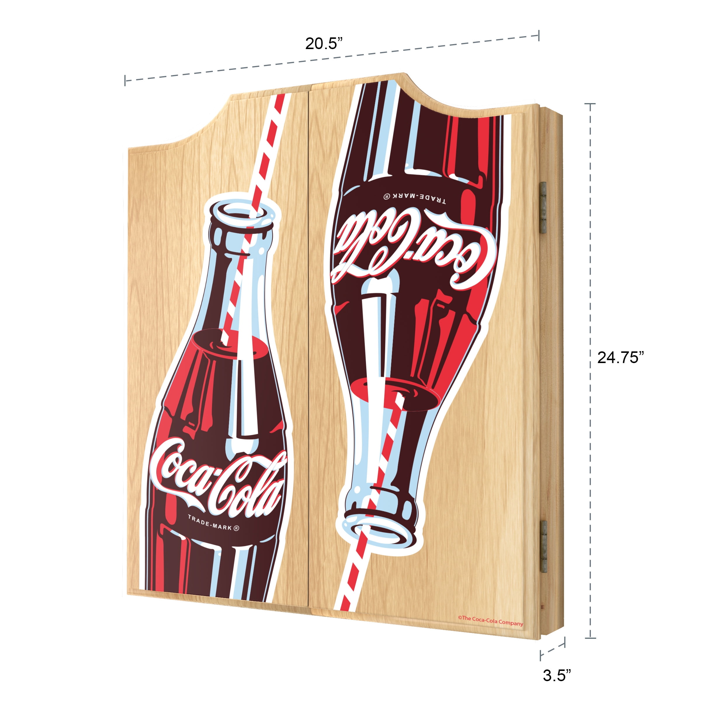 Coca-Cola Twin Bottles with Straw Bottle Art Dart Board Cabinet Set with 6 Steel Tip Darts