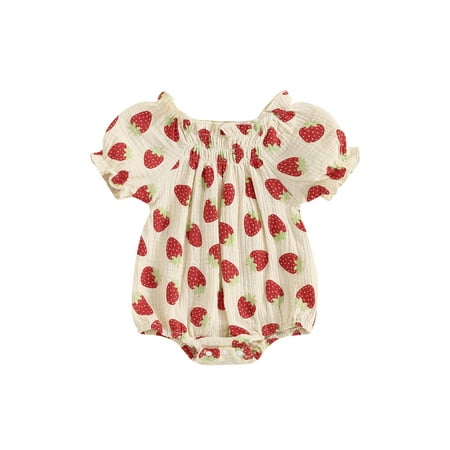 

Sunisery Baby Girls Strawberry Print Romper Square Neck Adorable Puff Sleeve Ruffled Summer Jumpsuit 0-24Months