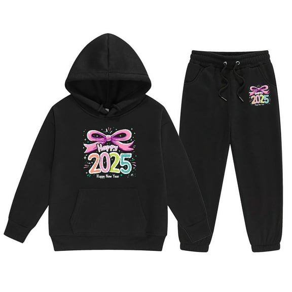 Toddler Girls Outfit Sets Kids 2025 New Year Printing Middle And Large Long Sleeved Letter Print Hooded Top Sweater Pants Set,2-Piece,Size 2-13Y