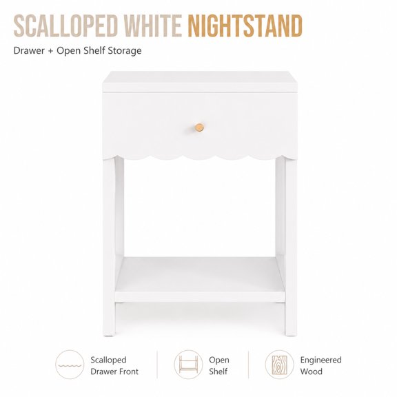 Modern White Nightstand with Drawer and Open Shelf, Scalloped Edge Bedside Table, Cute Minimalist Side Table for Kids Room, Girls Bedroom, Small Space Storage Cabinet, Bedroom End Table Furniture