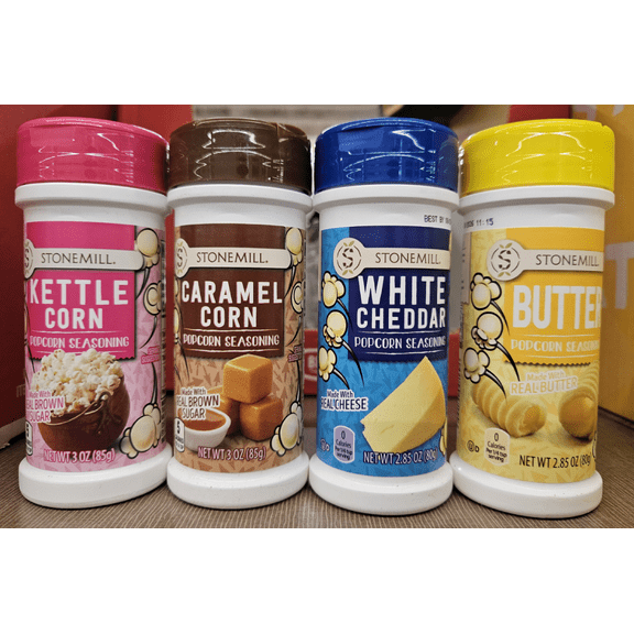 Stonemill Popcorn Seasoning Kettle Corn, Caramel Corn, White Cheddar, Butter 2.85oz 80g (4 Bottles)