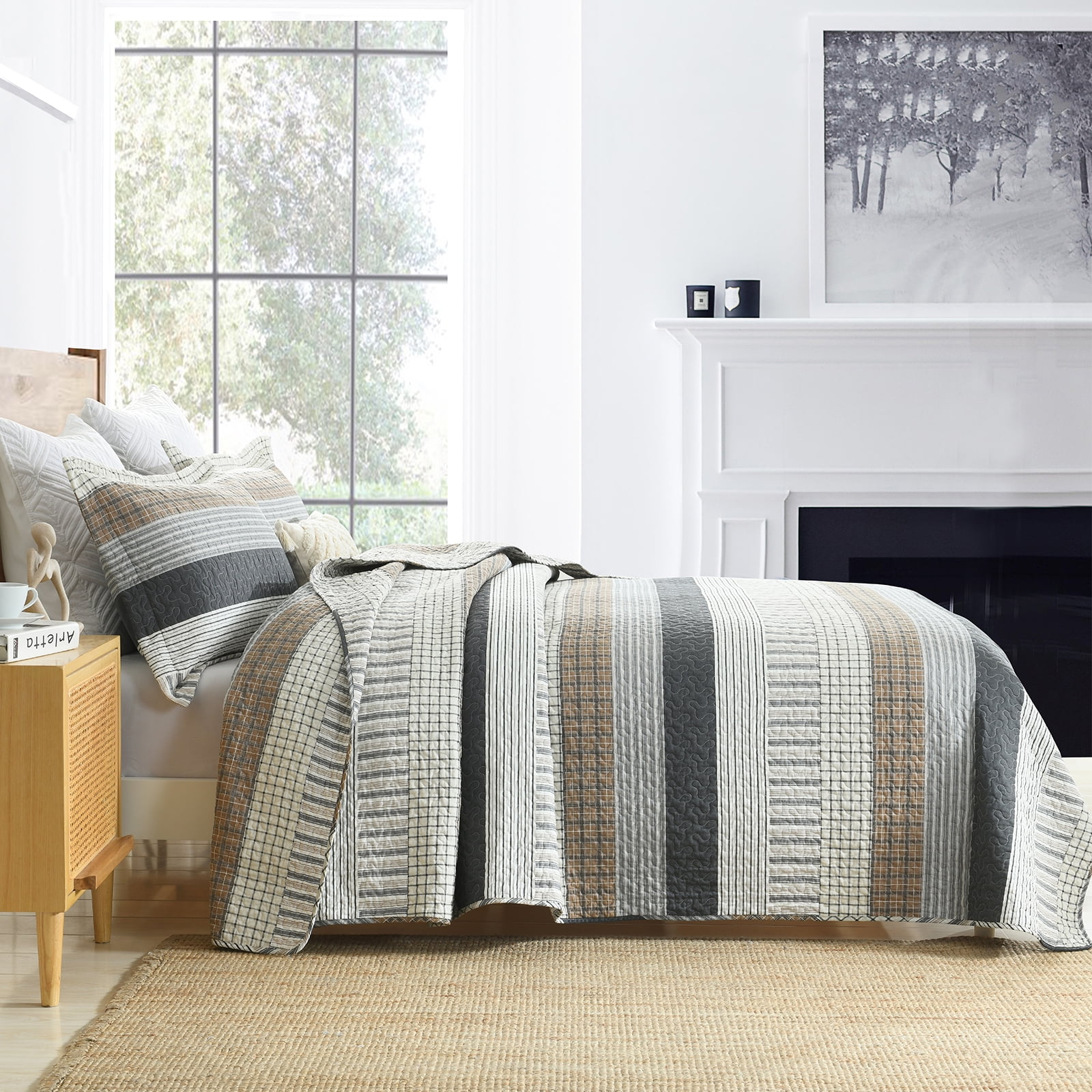 DDUOXIN 100% Cotton King Quilts - Lightweight Gray Brown Striped King Quilt for Bed Set, Modern Neutral Reversible King Size Bedspread, Farmhouse Coverlet/Bedding Set/Comforter with 2 Pillow Shams