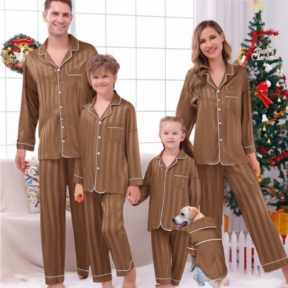 Family Silk Pajamas Matching Sets Button Down Loungewear, Christmas Pajamas Set, Long Sleeve Satin Pajamas for Women, Button Down Pjs for Women Set, Pjs Sets for Women Brown 2XL