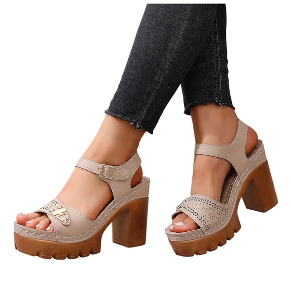 Rokment Platform Dressy Sandals for Women Ladies 2026 Comfortable Studded Leather Open Toe Chunky Block High Heels Summer Casual Beach Orthopedic Walking Shoes with Buckles Straps Beige Size 6.5