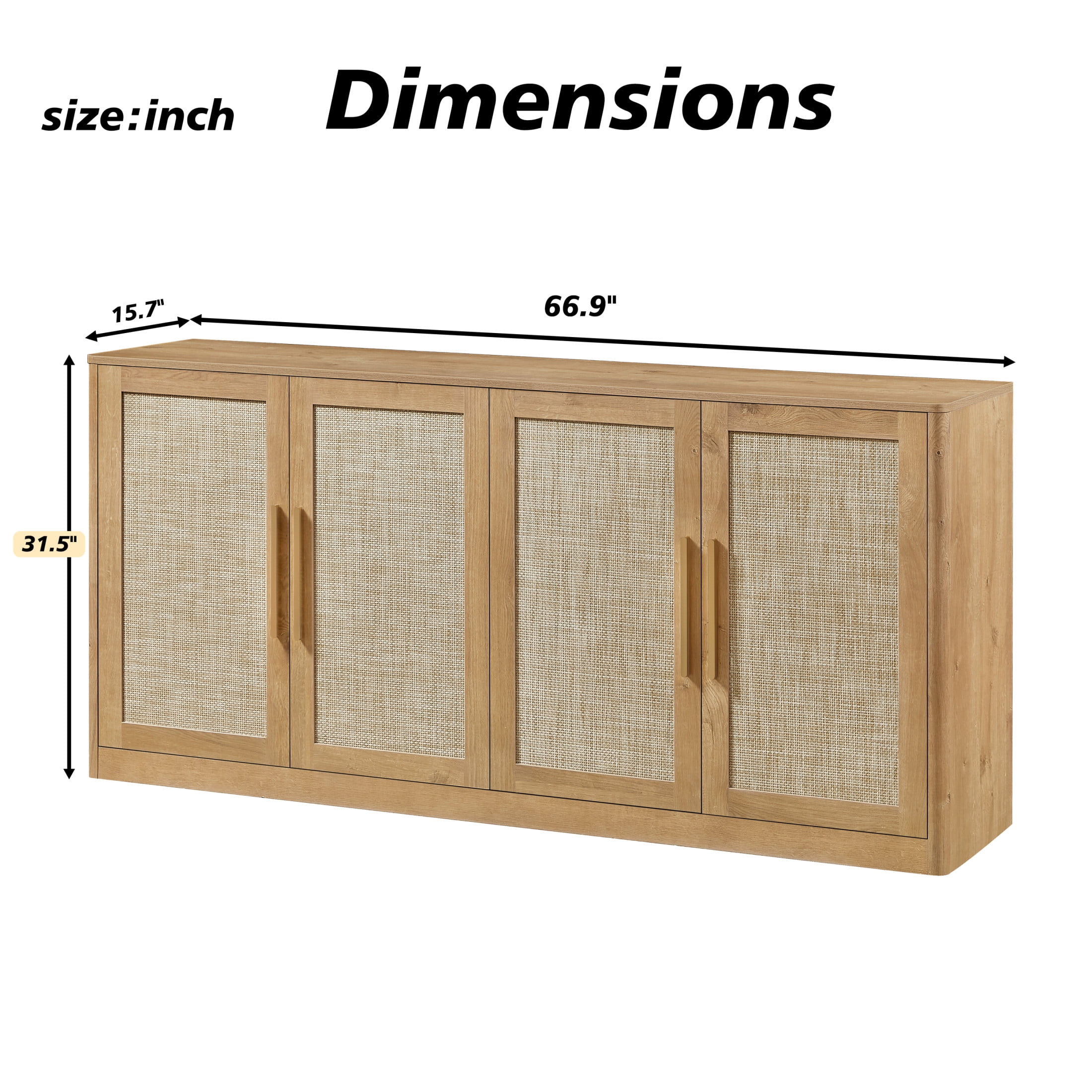 Noble House Prado 67" Rattan 4-Door Buffet Cabinet, Boho Sideboard Credenza with Gold Handles for Living Room, Caramel