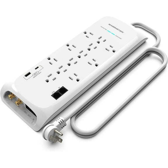 Monster 6ft White Surge Protector Power Strip & Tower – Heavy Duty for Computers & Appliances