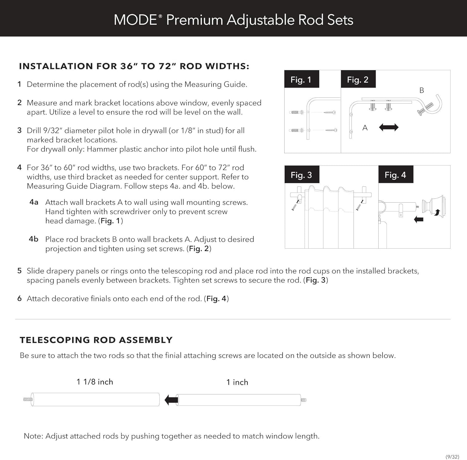 MODE Premium Collection Adjustable Single Rod Set with Modern Ball Finials, Fits 24” to 60” Windows