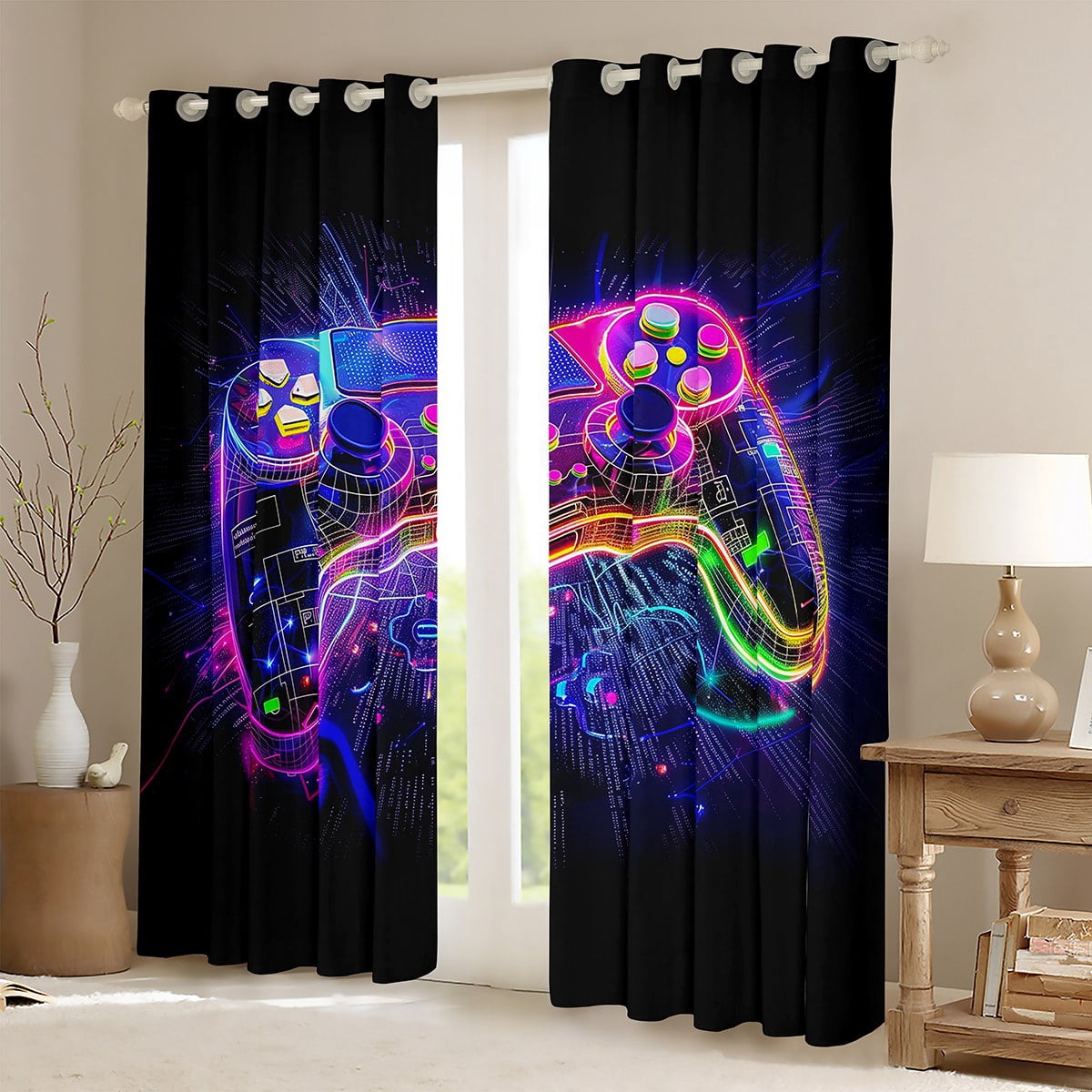 Castle Fairy Video Game Black Out Curtains,Game Console Curtains Pack of 2 (42x63 Each),Neon Lights Bedroom Curtains,Microfiber Boys Bedroom Decor