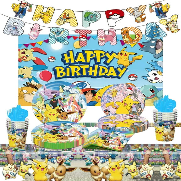 Pikachu cartoon theme birthday party supplies decorations include birthday banners, backdrops, tablecloths, plates, forks, knives, spoons suitable for children's parties