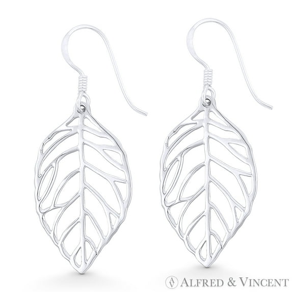 Polished Open Leaf Charm Dangling Hook Earrings in .925 Sterling Silver