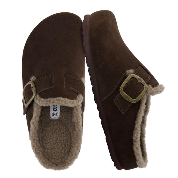 Cushionaire Haven Genuine Leather Clogs for Women – Faux Fur Lined Slip-On Womens Shoes with Cork Footbed and Adjustable Buckle