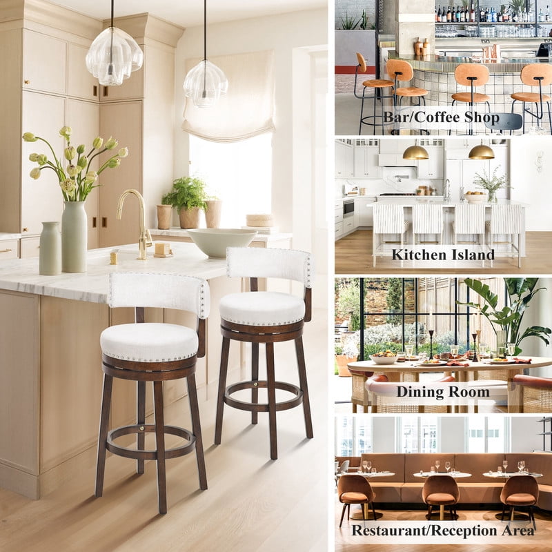 COLAMY Swivel Bar Stools Set of 4, 30 Inch Bar Height Stools, Modern Upholstered Wood Bar Chairs with Back for Kitchen Island & Home Bar, Heavy Duty 300 lbs Capacity, Fits 40-45" Bar Height, Beige
