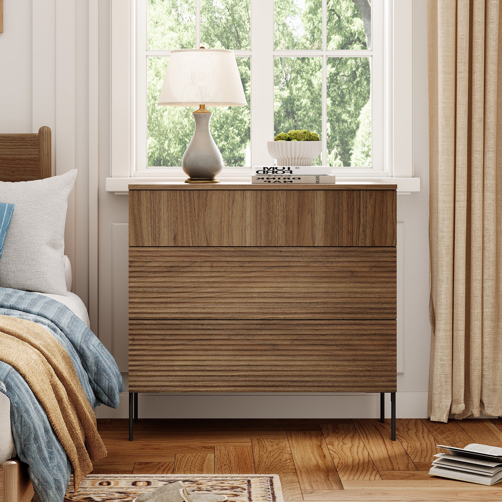 Modern Minimalist Wood Nightstand with 3 Drawers ,31.5" Large End Table,Reeded Design Bedside Table for Bedroom, Living Room,Entryway