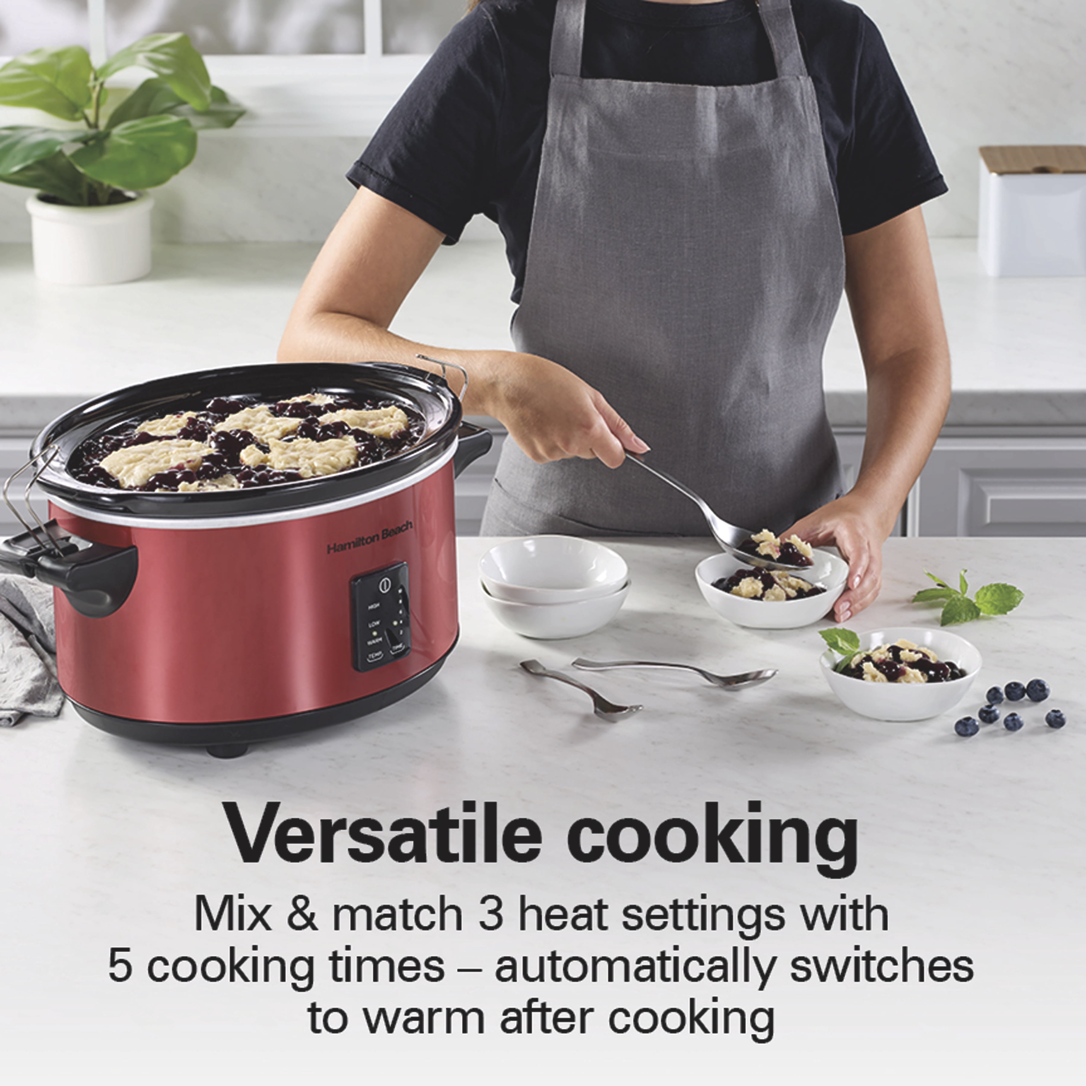 Hamilton Beach Programmable Stay or Go® Slow Cooker, 7 Quart Capacity, Includes 20 oz. Party Dipper Food Warmer, Red, 33778