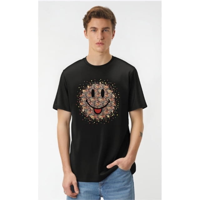 Men's Fashion Cartoon Smile Face Print Crew Neck Short Sleeve T-shirt, Casual Graphic Tees Pajama Loungewear Top For Summer