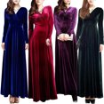 thumbnail image 2 of Flmtop Robe Maxi Vintage pour Femmes Automne Manches Longues Col en V Plissé Velours Banquet Fête, 2 of 10