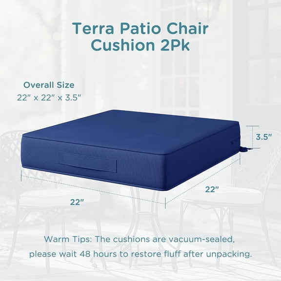 Outdoor Seat Cushions for Furniture 22x22 Inch, Waterproof Chair Cushion with Handles & Adjustable Straps, Fade Resistant - Set of 2, Navy Blue