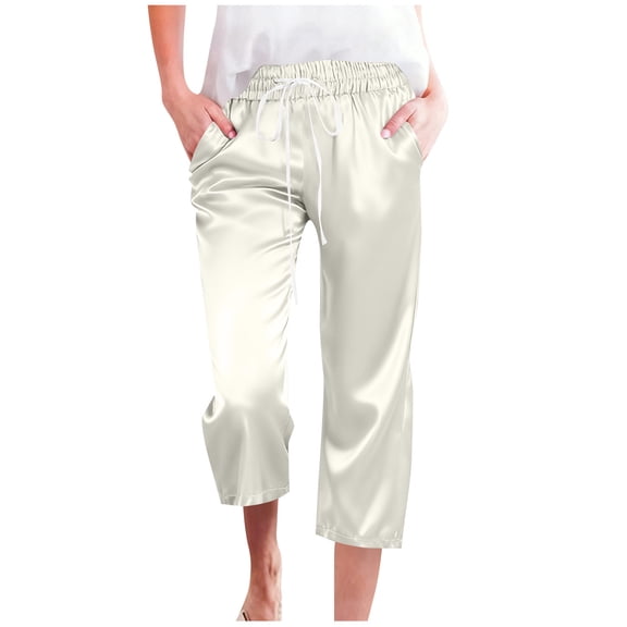 Dealovy Satin Capri Pants for Women Straight Leg Elastic Waist Drawstring Soft Pants Homewear Vacation Beach Capris with Pockets