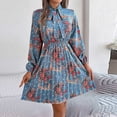 thumbnail image 2 of WTOBBY Women's Casual Elegant Flower Print Long Sleeve Tie Waist Pleated Skirt Dress Adjustable Belt for Custom Fit Chiffon-Like Fabric for Graceful Drape Perfect Garden Party ,Light Blue S, 2 of 6