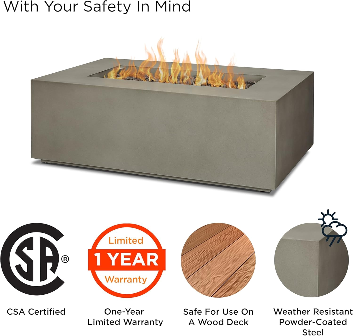 Real Flame Aegean 42" Rectangle Steel Propane or Natural Gas Fire Pit Table in Mist Gray