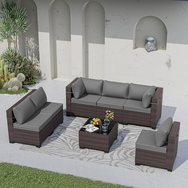 Kullavik Outdoor Furniture Set 7PCS Patio Furniture for Backyard Wicker Sectional Sofa Set 6 Seats, PE Rattan Outdoor Conversation Set with Thickened Cushions and Glass Coffee Table, Grey