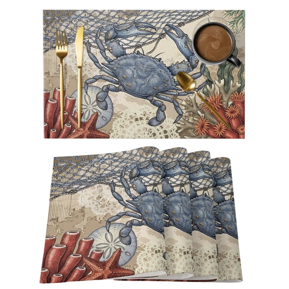 Coastal Blue Crab Placemats Set of 2, Vintage Nautical Compass Coral Ocean Theme Non-Slip Place Mats Washable Table Mats for Kitchen Dining Table Decorations Indoor/Outdoor