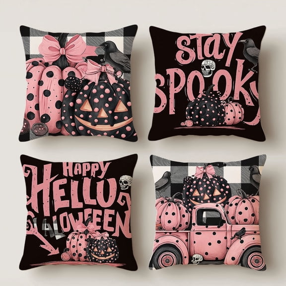 Lavish Cover 14x14 Inch Pink Polka Dot Halloween Pillow Cover, Spooky Pumpkin Decorative Cushion Case for Sofa Bedroom, No Insert