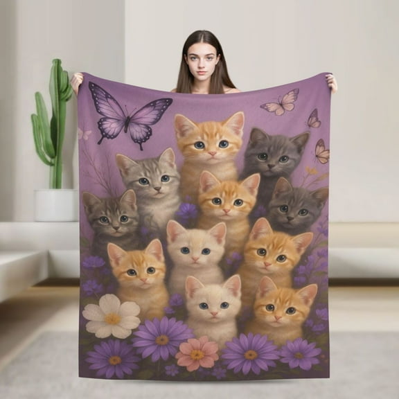 Adorable Kitten Blanket Cute Cat and Butterfly on Lavender Throw Blankets Gifts for Girls Women Adults Lightweight Soft Fleece Cozy for Sofa Couch Bed Room Travel Birthday Decor 50x40