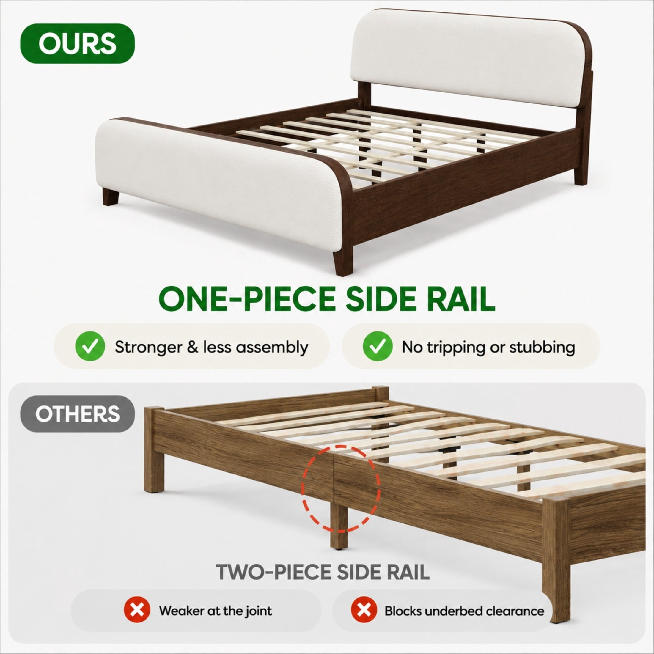 Christopher Knight Home King Upholstered Platform Bed Frame, Rounded Headboard & Footboard, Brown+Off White