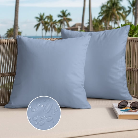 Light Blue Outdoor Waterproof Throw Pillow Covers Set of 2, 16"x16", Solid Color Decorative Pillow Covers Outside Cushion Case for Patio Porch Garden