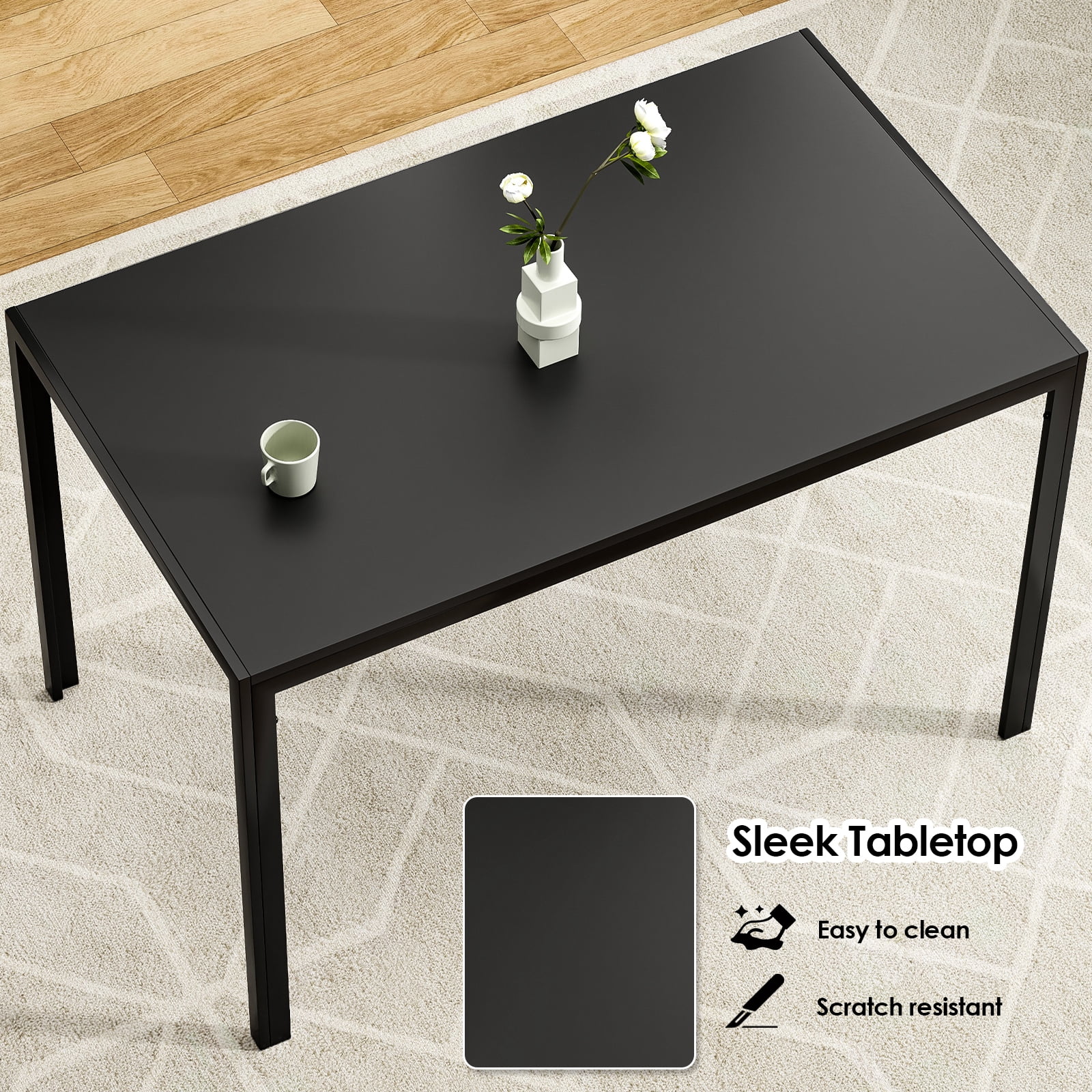 Farini Black Dining Table for 4-6 Person,47" Rectangular Wooden Dining Table Top and Metal Frame for Home Kitchen Dining Desk (47 inch)