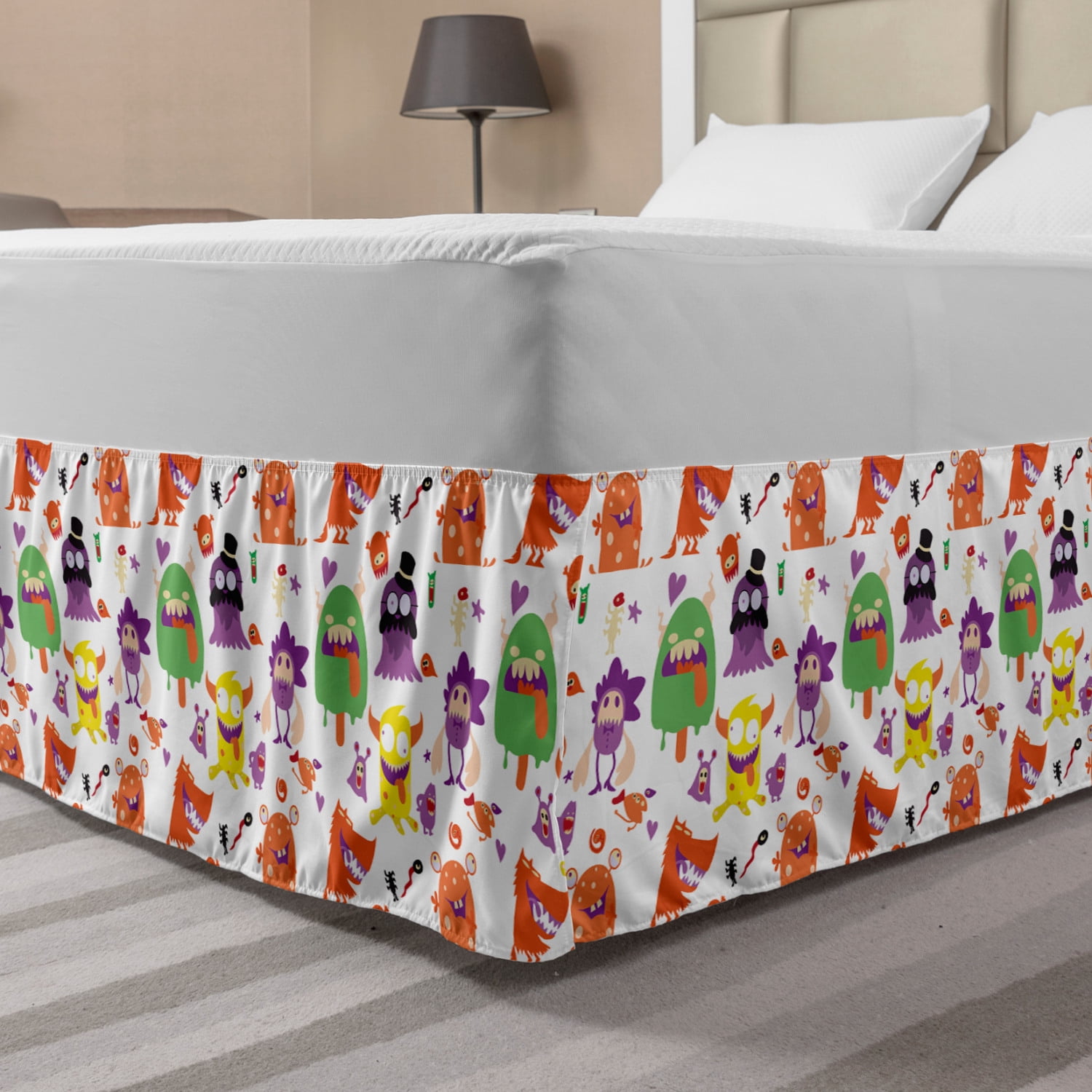 Alien Complex Ruffle Alien Bed Skirt, Monsters Humorous Creatures Beings Colorful Cartoon ...
