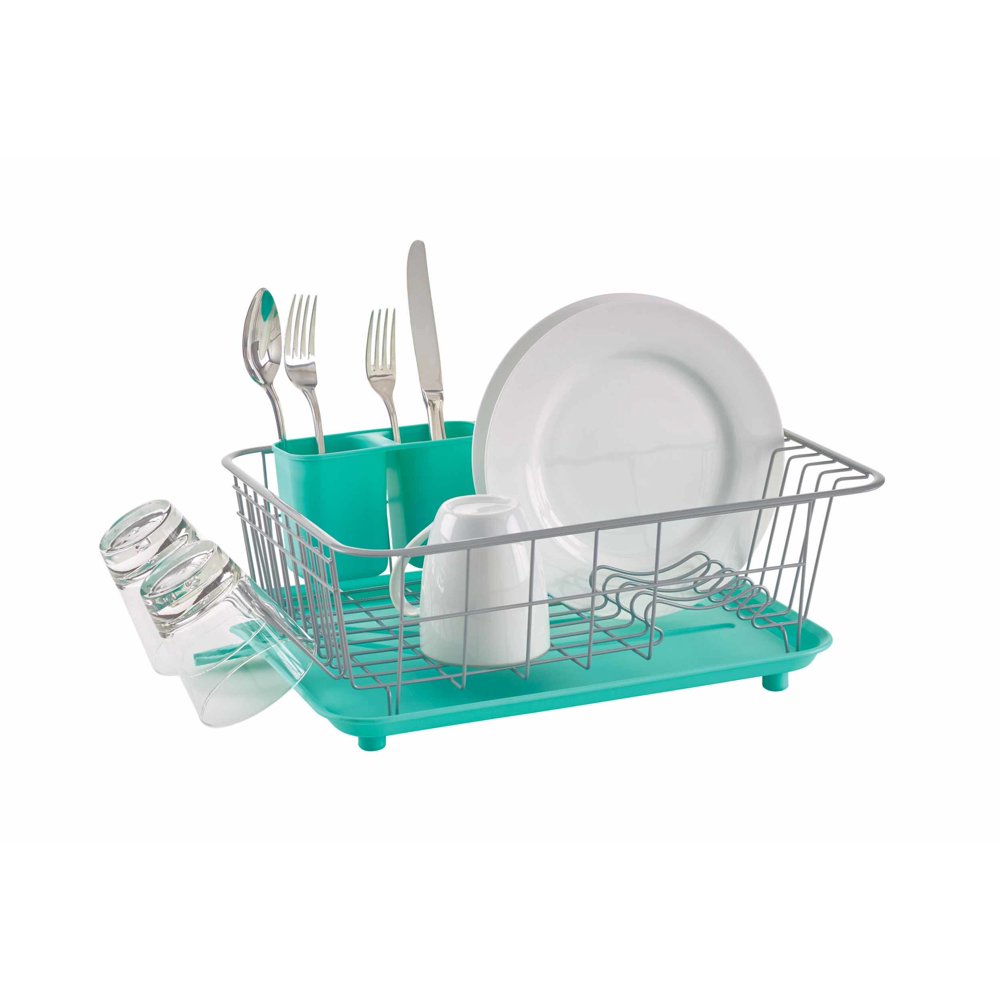 Farberware Compact Dish Rack with Frost Sink Brush, Teal