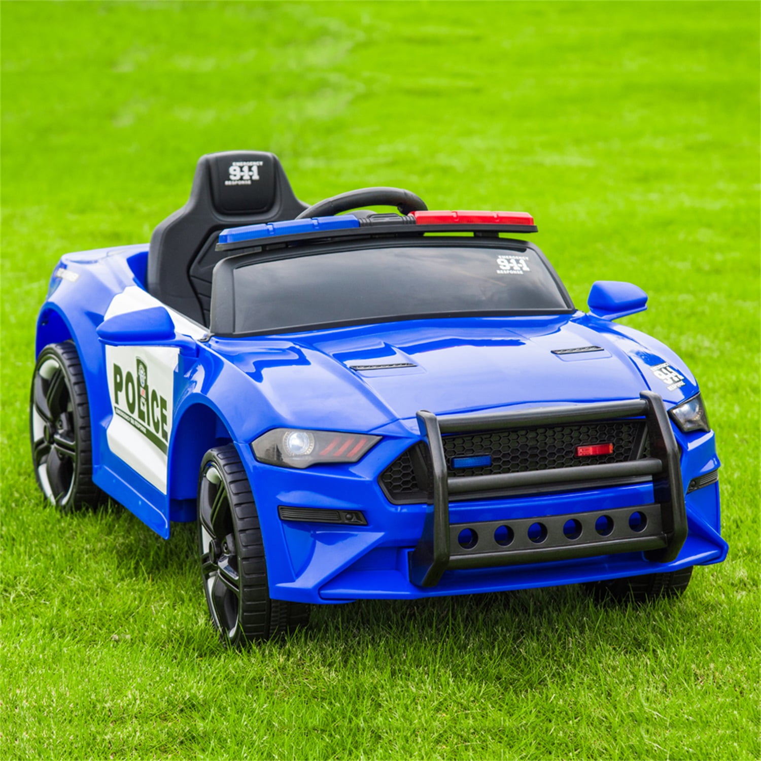 CIPACHO 12V Kids Ride On Car, Police Sports Car with 2.4GHZ Remote Control, LED Lights, Siren, Microphone, Blue