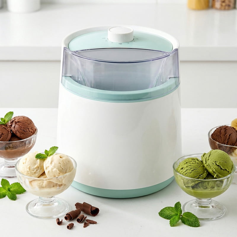 SUSLAS 0.8L Mini Ice Cream Maker Machine with Timer Knob, Compact Personal Ice Cream Maker for Homemade Gelato, Sorbet & Frozen Yogurt, Easy Operation, White & Green