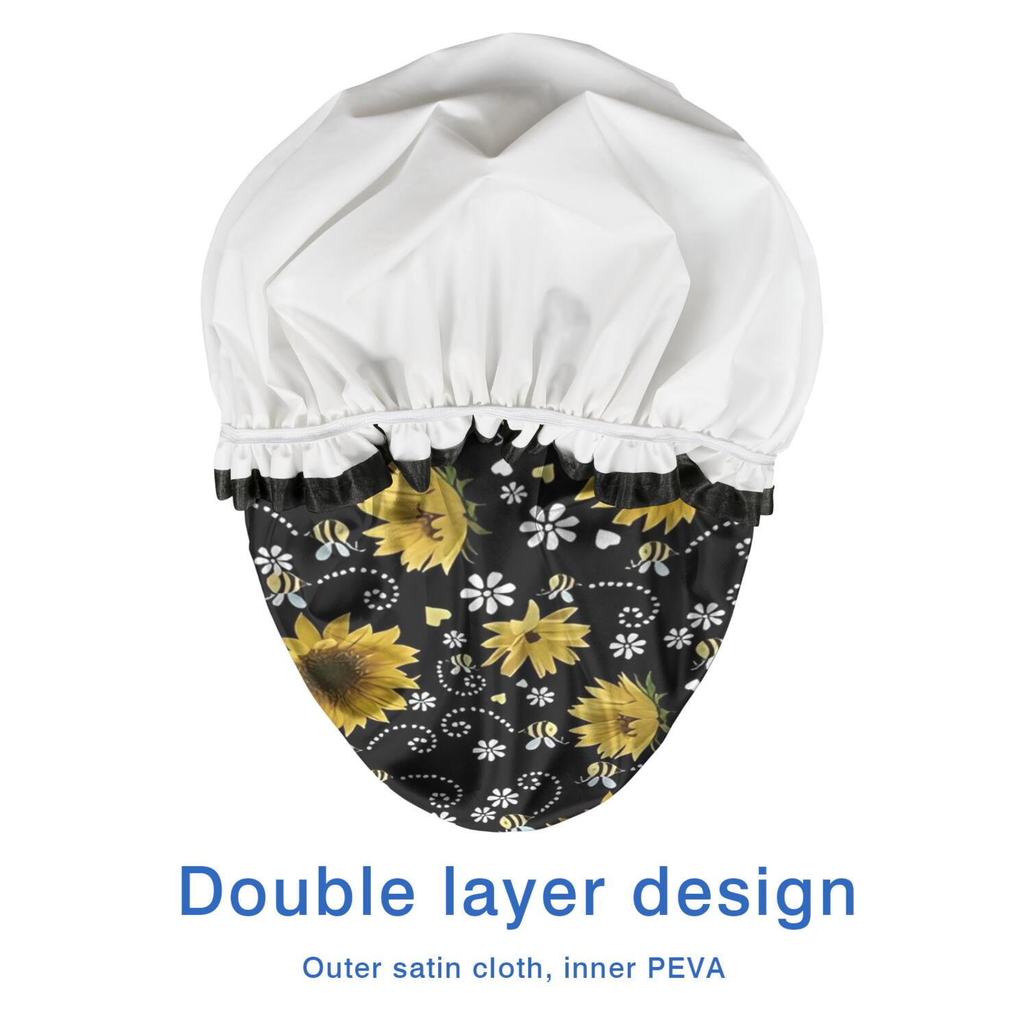 Shower Caps,Black White Bee Heart Sunflower Pattern Waterproof Shower Cap for Women 4 Pieces,Double Reusable Hair Cover for Shower PEVA Elastic Stretch Hem