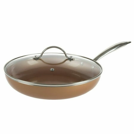 

12 Copper Finish Frying Pan with Lid Oven Stove Top Safe Kitchen