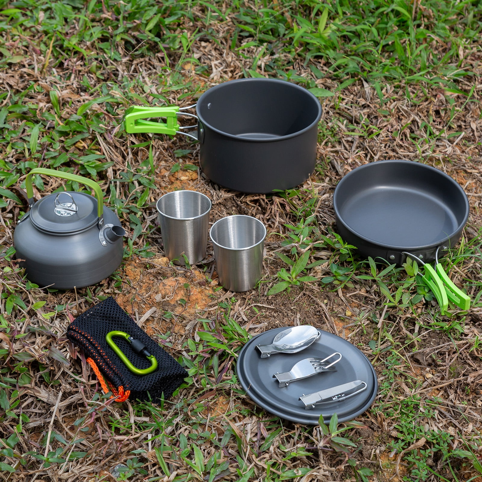 16Pcs Camping Cookware Set with Kettle Pan Pot Spoon Cups Hiking Picnic 