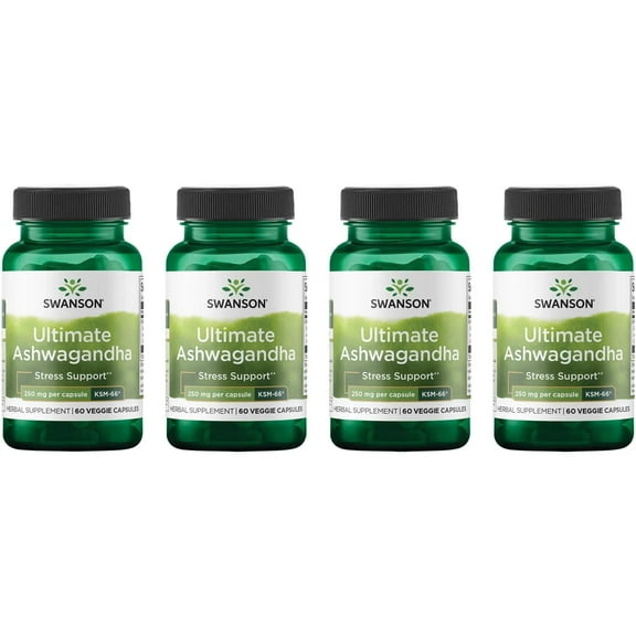 Swanson Ultimate Ashwagandha KSM-66 - Herbal Supplement Supporting Healthy Stress Levels & Relaxation - Natural Formula to Promote a Calm & Relaxed Mindset - (60 Veggie Capsules, 250mg Each) 4 Pack